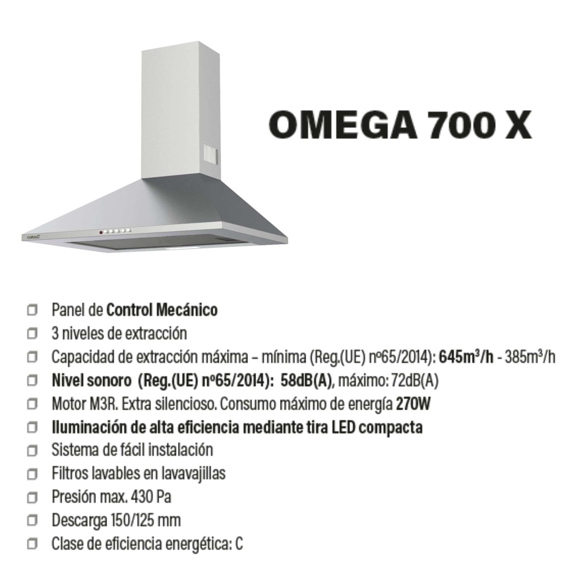 CATA Omega 700 X Campana Extractora Decorativa Piramidal de 70 cm, 645 m³/h, 3 Velocidades, Control Mecánico, Tira LED, Filtros Lavables, Clase C, Acero Inoxidable