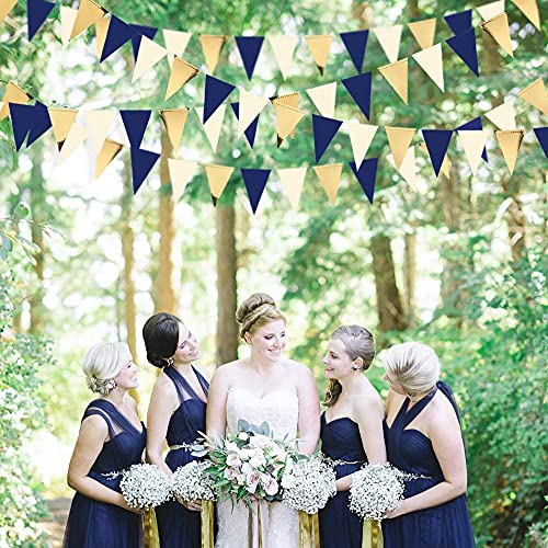 Image of 30Ft Navy Blue Gold and Beige Party Decorations Royal Blue Gold Triangle Flag Pennant Banner Bunting for Graduation Birthday Wedding Bridal Shower Nautical Ahoy Achor Theme Party Decorations Supplies