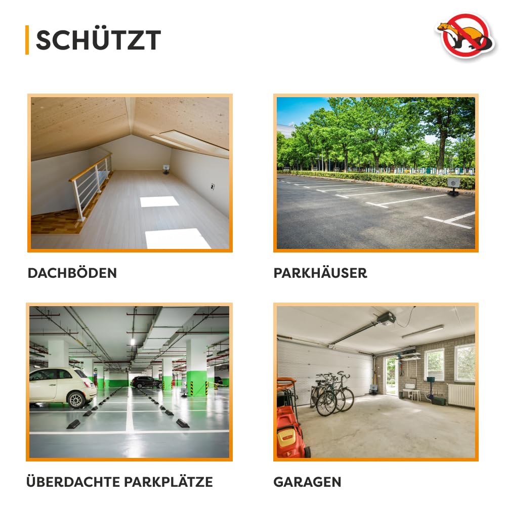 Hermetischer Ultraschall Mardervertreiber Light&Flash – 4 Lautsprecher | Leise 48 dB | Für Parkplatz, Dachboden & Außenbereiche | IP54D