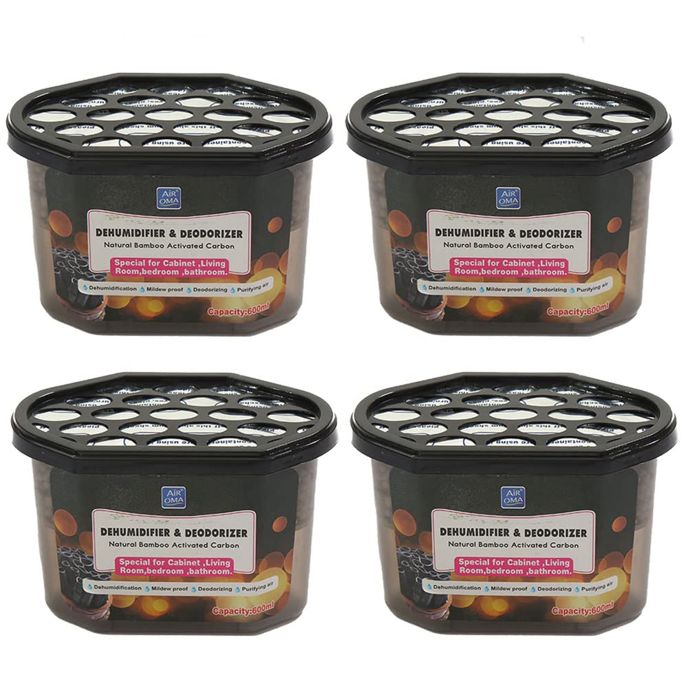 Homarket 4 Pack Moisture Absorber Bamboo Charcoal Mold-proof Deodorizing Desiccant Household Dehumidifier Boxes Fragrance-Free Humidity Absorber for Bathroom Closet Wardrobe Kitchen, 600ml
