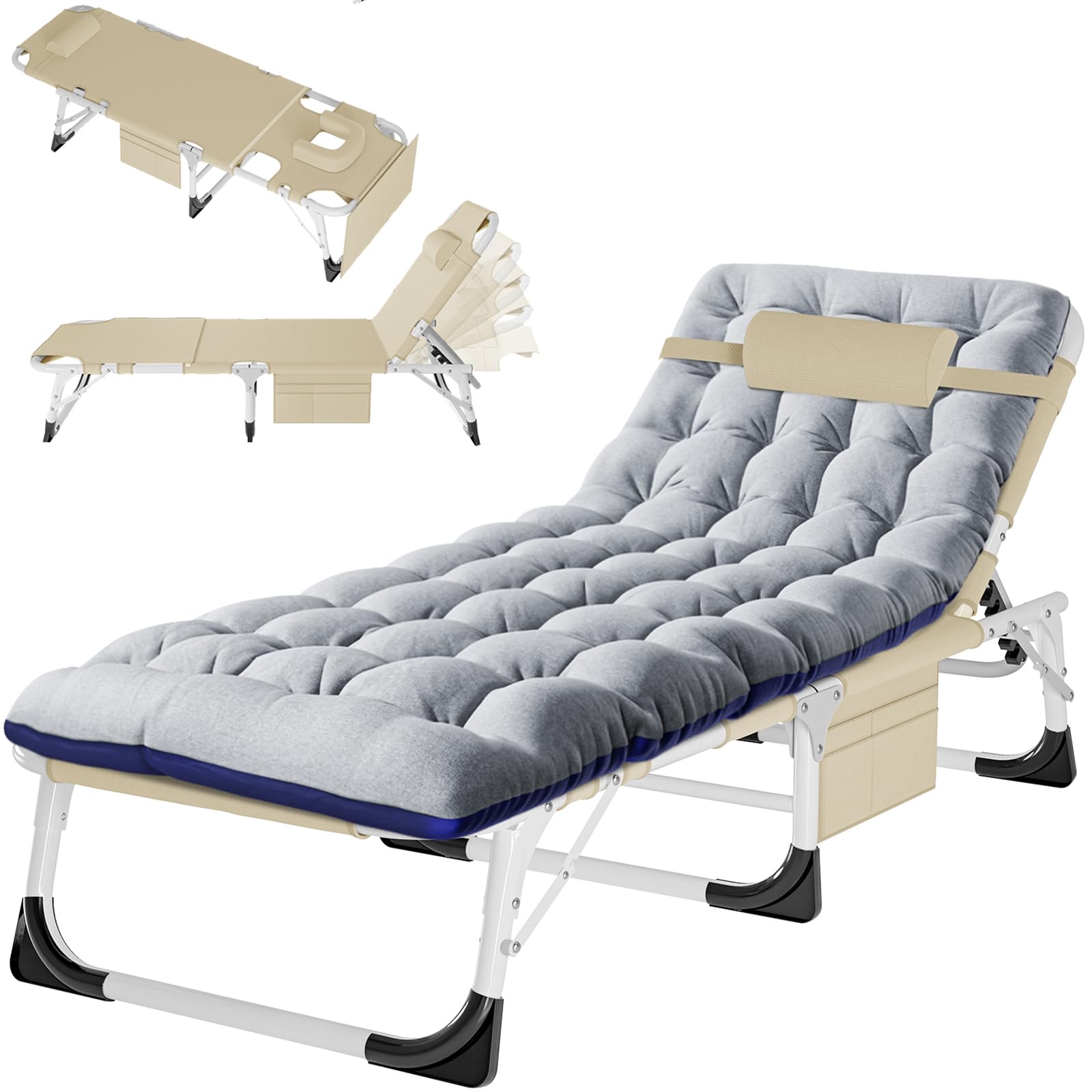 ABORON 4-in-1 Lounge Chair with Face &amp; Arm Holes for Tanning, 440LB Heavy-Duty Folding Recliner with Plush Cotton Cushion, No Assembly Tri-Fold Guest Bed for Sunbathing, Poolside, Office Nap &amp; Camping