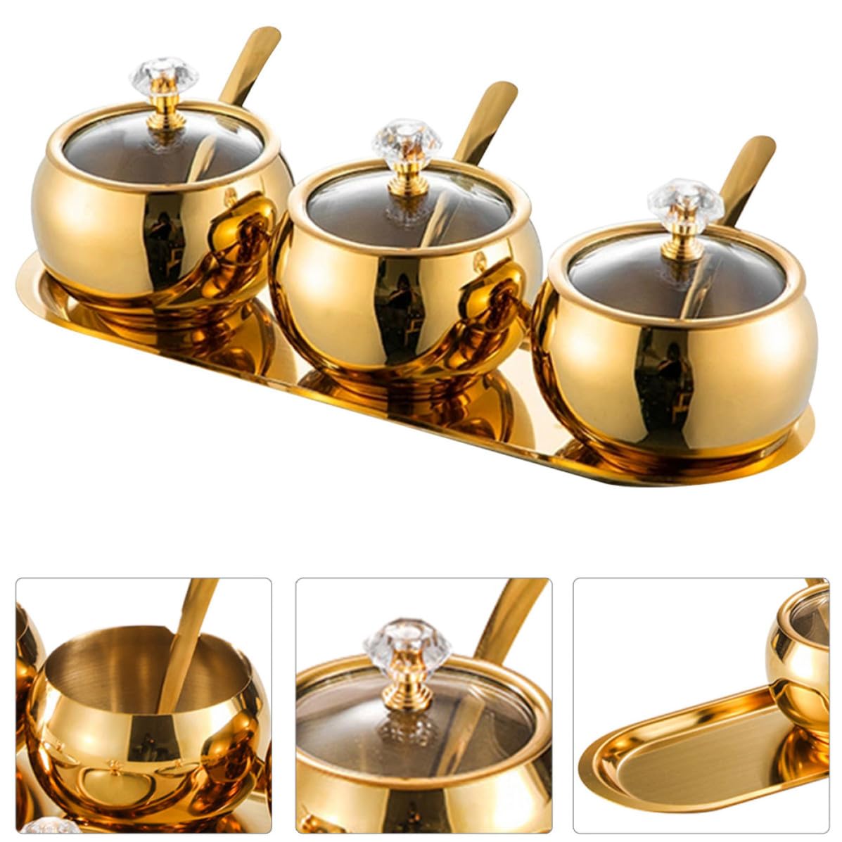 Gewürzbehälter Inklusive Tablett Satz mit Deckel und Löffel Edelstahl Moderner Stil Luxuriöse Goldene Oberfläche für Salz Zucker und Gewürze in Küche