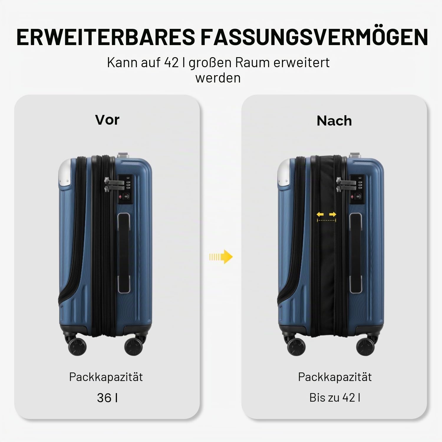 LEVEL8 Koffer Trolleys Leicht ABS+ PC Handgepäck Hartschalen-Koffer Trolley Rollkoffer Reisekoffer Erweiterbar, TSA, 4 Rollen, 55 cm, 36-42 Liter, Blau