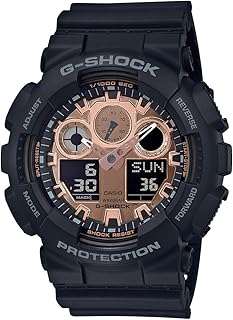 ساعة ديجيتال جي-شوك دائرية للجنسين من كاسيو، مينا باللون النحاسي مع سوار من الراتنج ونظام عرض انالوج، لون اسود، Ga-100MMC-1aDR