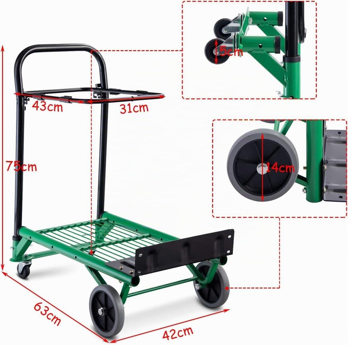 COSTWAY 2 in 1 Sackkarre Klappbar Transportwagen, belastbar bis 90 kg | Einstellbare Höhe | Stahlrahmen, Stapelkarre mit Ladefläche, Transportkarre Treppensackkarre Plattformwagen, Grün+Schwarz