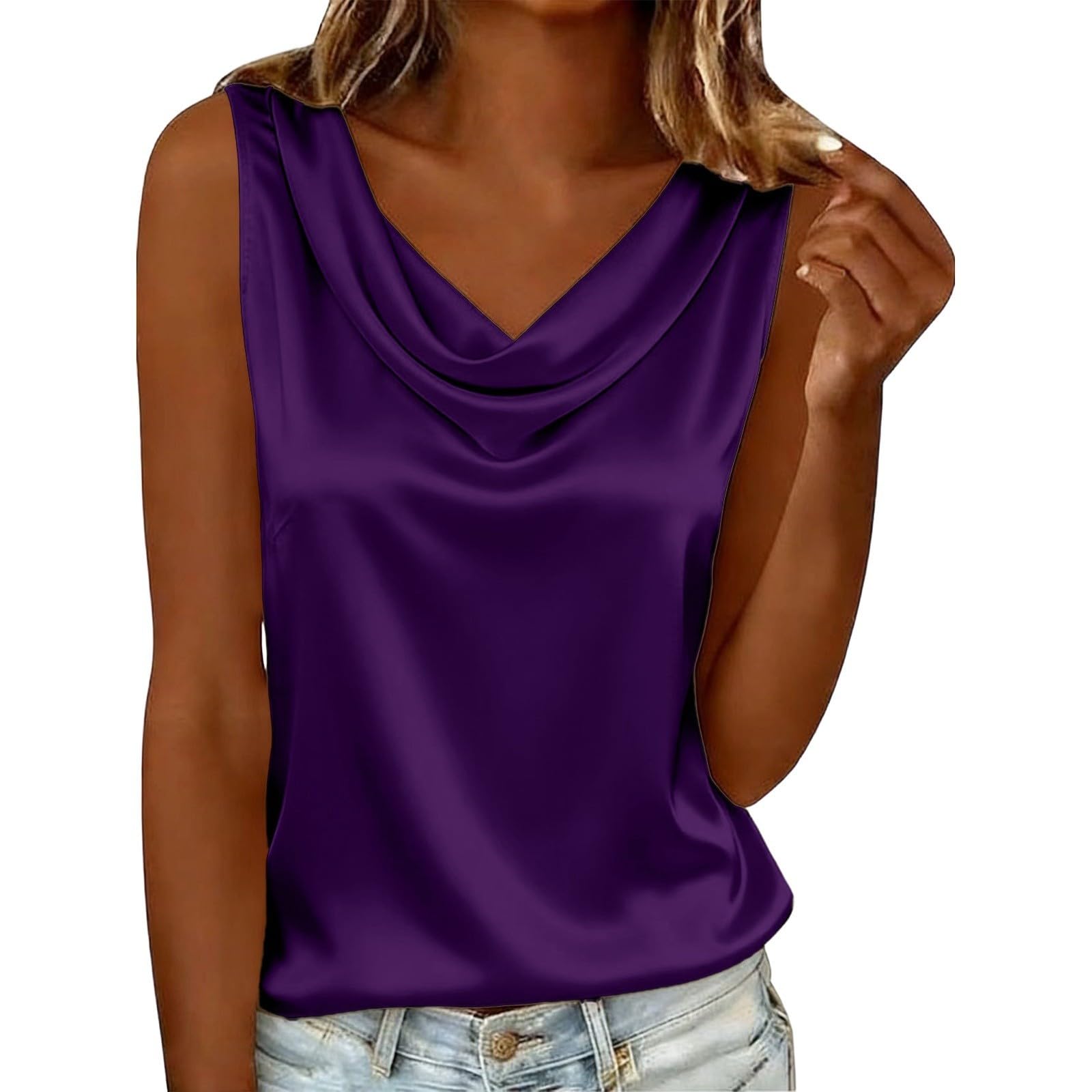 Camiseta sin mangas de satén de color liso con cuello alto para mujer