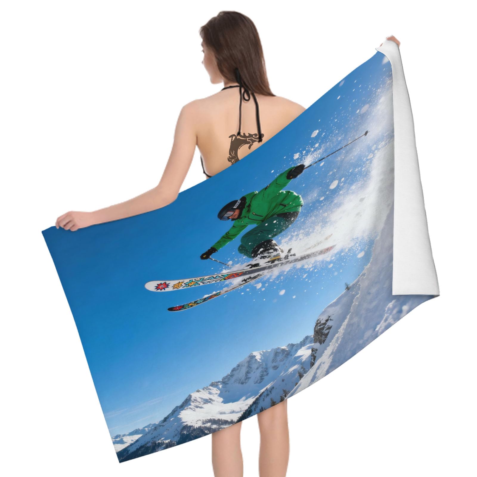 Leichong 3D Ski Beach Towel Microfiber Soft Quick Dry for Adults, Snow Mountain Bath Towel Lightweight Soft Absorbent for Travel Swimming Pool Sports, 75 x 150 cm