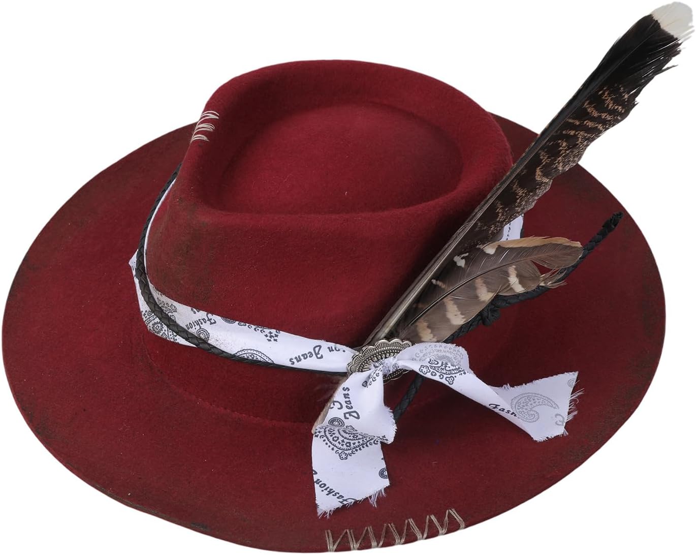 Elegant Homburg Wool Hat Fedoras Distressed Exotic Ribbon Wide Brimmed Surprise Gifts Wool for Live Show Top Hat Costume Wine Red