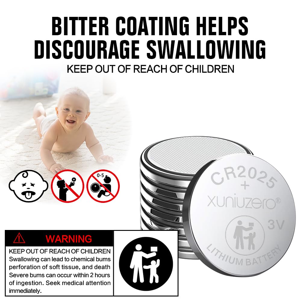 Confezione da 12 batterie a bottone al litio CR2025, 3 Volt, per la sicurezza dei bambini, compatibile con telecomandi, portachiavi, orologi, calcolatrici, 7 anni di durata