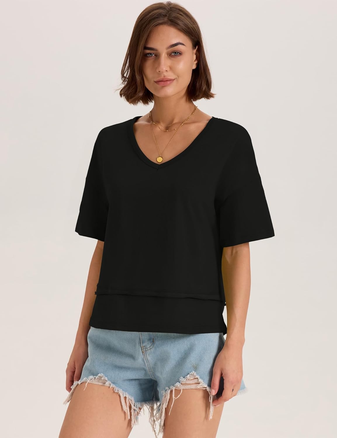 LOMON Womens V Neck Cotton T Shirts Summer Casual Cute Short Sleeve Flowy Fashion Tops Loose Fit Basic Tees - Image 4