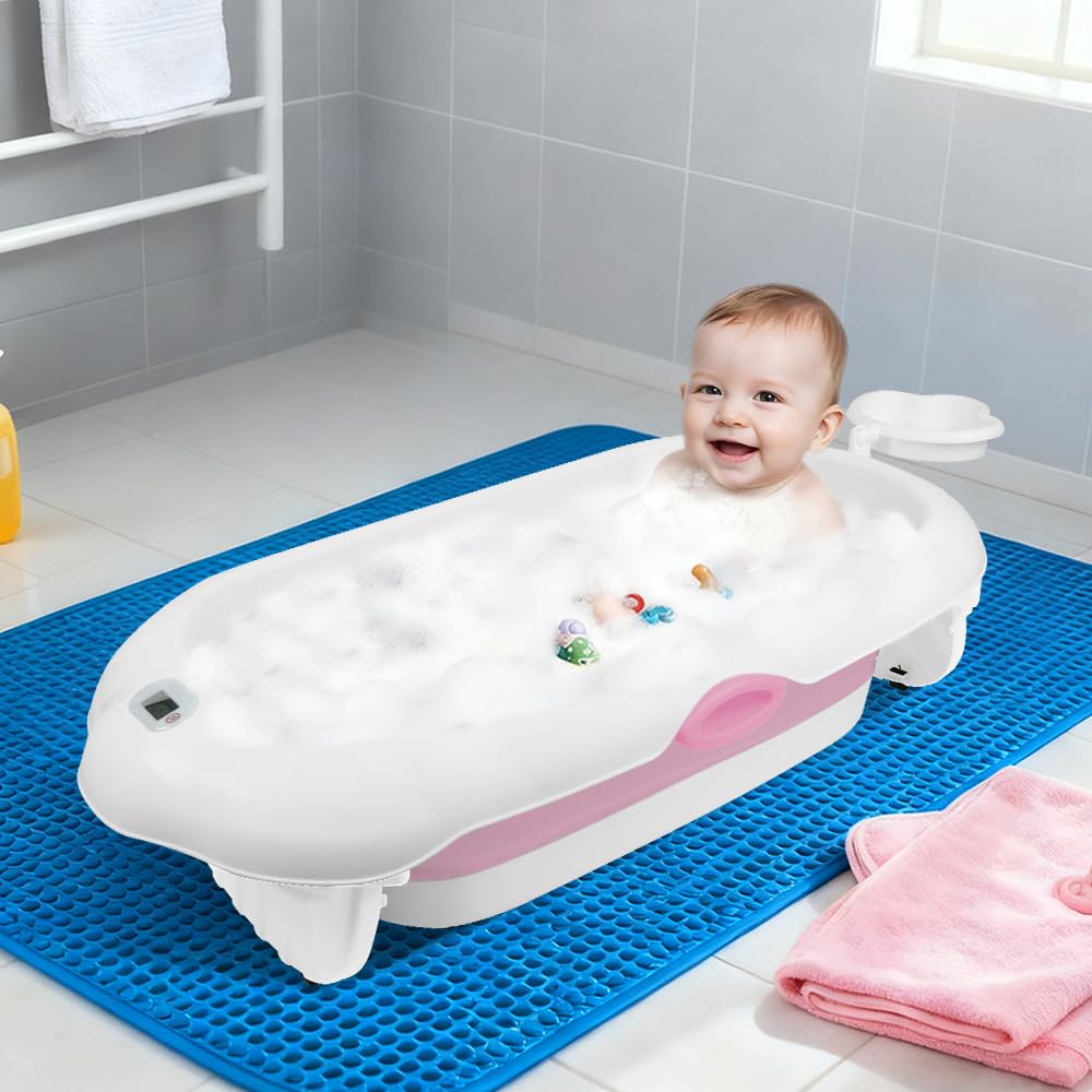 Homewell - Bañera para bebé plegable con cojín de baño para bebé y termómetro integrado, viaje, cuenca para bebé, bañera infantil, regalo de nacimiento, 97 x 52 x 24 cm (rosa)