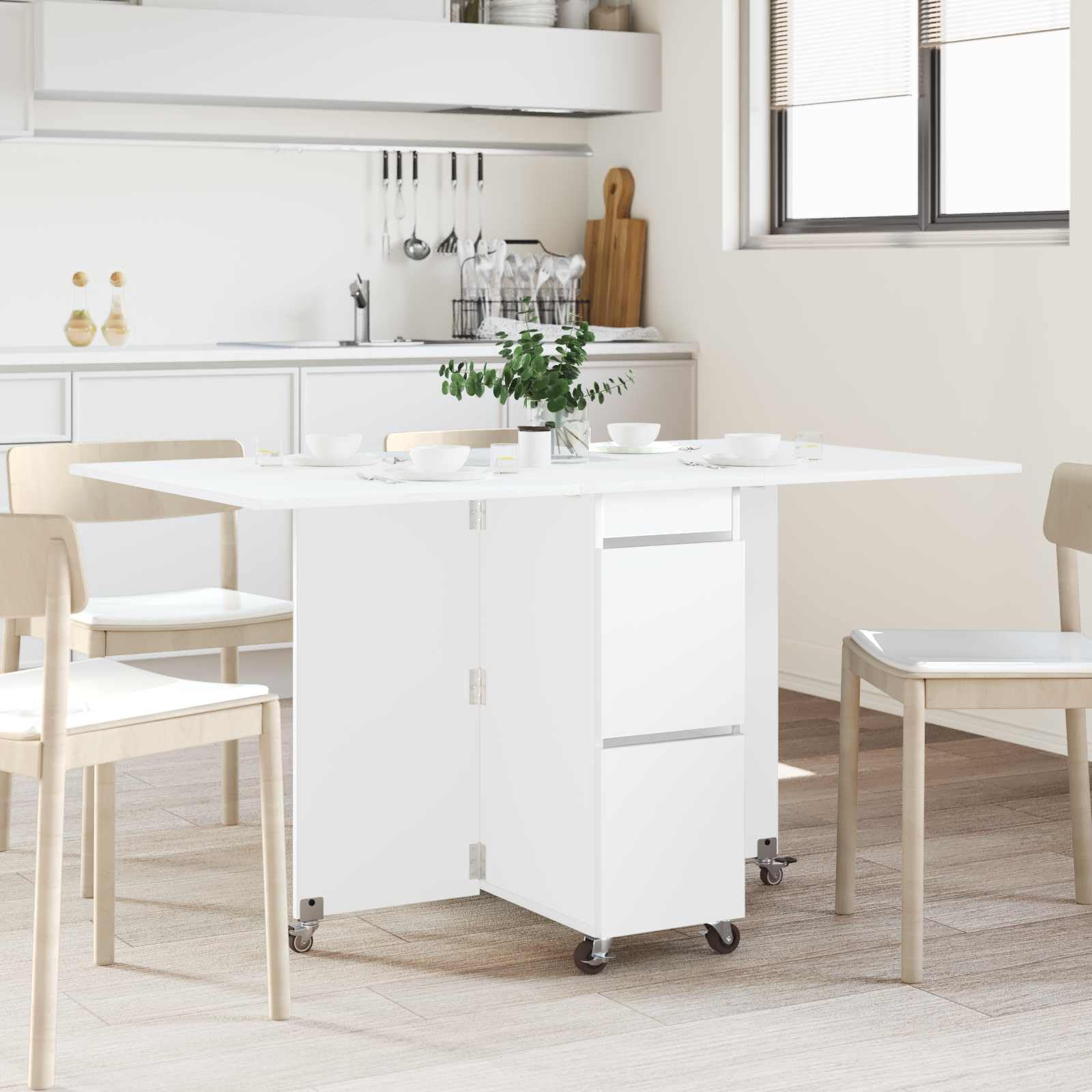 Table à manger bois blanche pliable avec rangement central intelligent