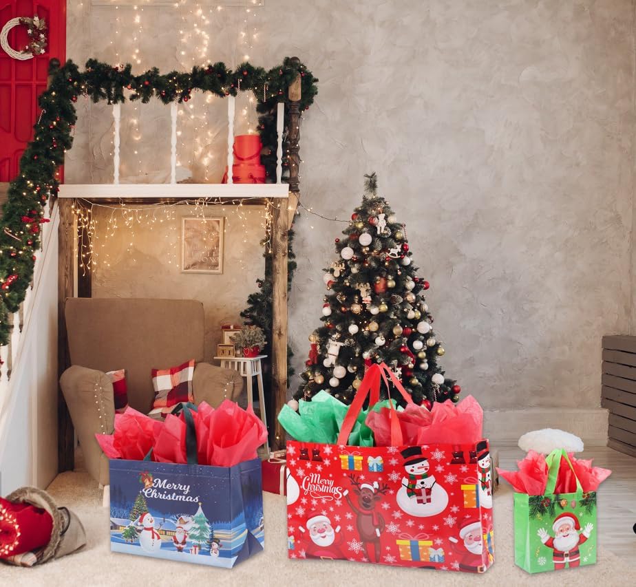 Miniatura 7 de ysmile Bolsa de regalo de Navidad 2023 con papel de envoltura, bolsa de Navidad de varios tamaños con asa, bolsa reutilizable no tejida grande de