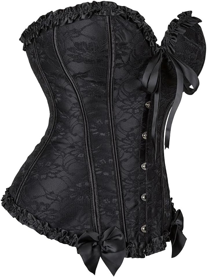 Corset Tops for Women, Plus Size Women Floral Lace Corsets Pleated Trim Overbust Waist Sexy Lingerie(Black,XXL), XX-Large - Image 2