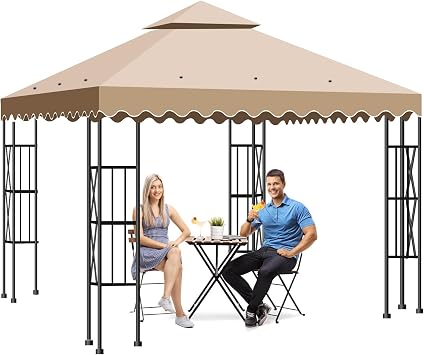 10X10 Gazebo Canopy Top Replacement Double Tier Canopy Replacement Top Cover with Air Vent Grill Top Roof for Outdoor Shop Garden Yard Pavilion Cover Sunshade Khaki