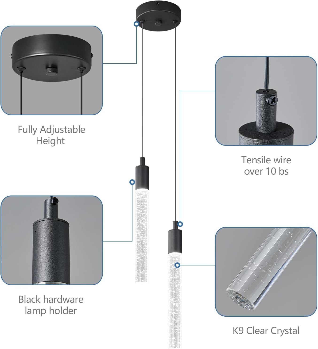Modern Light Fixture Kitchen Island Pendant Light Dimmable LED Black Pendant Lights Mini Crystal Pendant Lighting for Bedroom Dining Room Living Room（2-Light ）