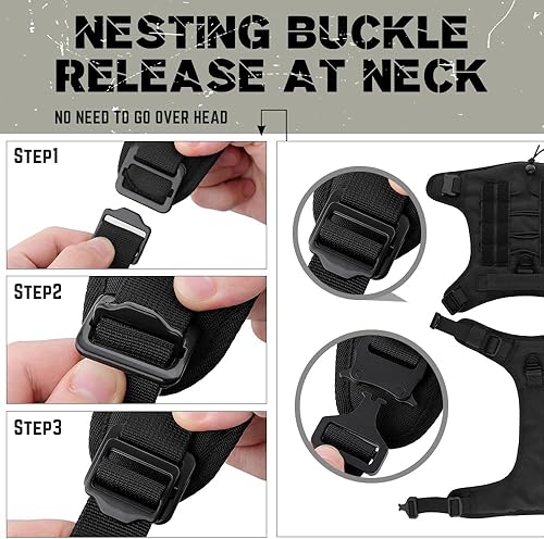 Miniatura 5 de Plutus Pet Arnés táctico para perro, hebillas de metal, chaleco para perro de servicio sin tirones con asa, arnés militar ajustable para perro con