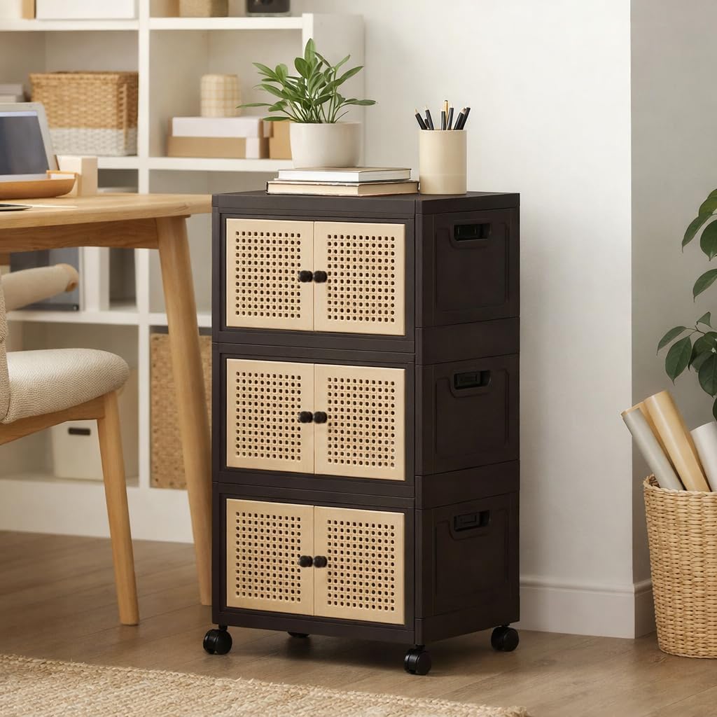 CXCJAI Foldable Plastic Storage Cabinet with Wheels, Rattan-Style Doors, Stackable Organizer with Magnetic Doors,Storage Boxes for Living Room, Bedroom, Office 3-Tier
