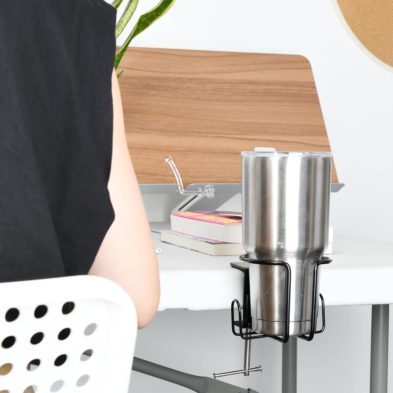 Large Desk Cup Holder, Clip On Table Cup Holder, Anti-Spill Drink Holder for Lawn Chair, Horizontal or Vertical Mount, Pack of 1, Black - Image 4