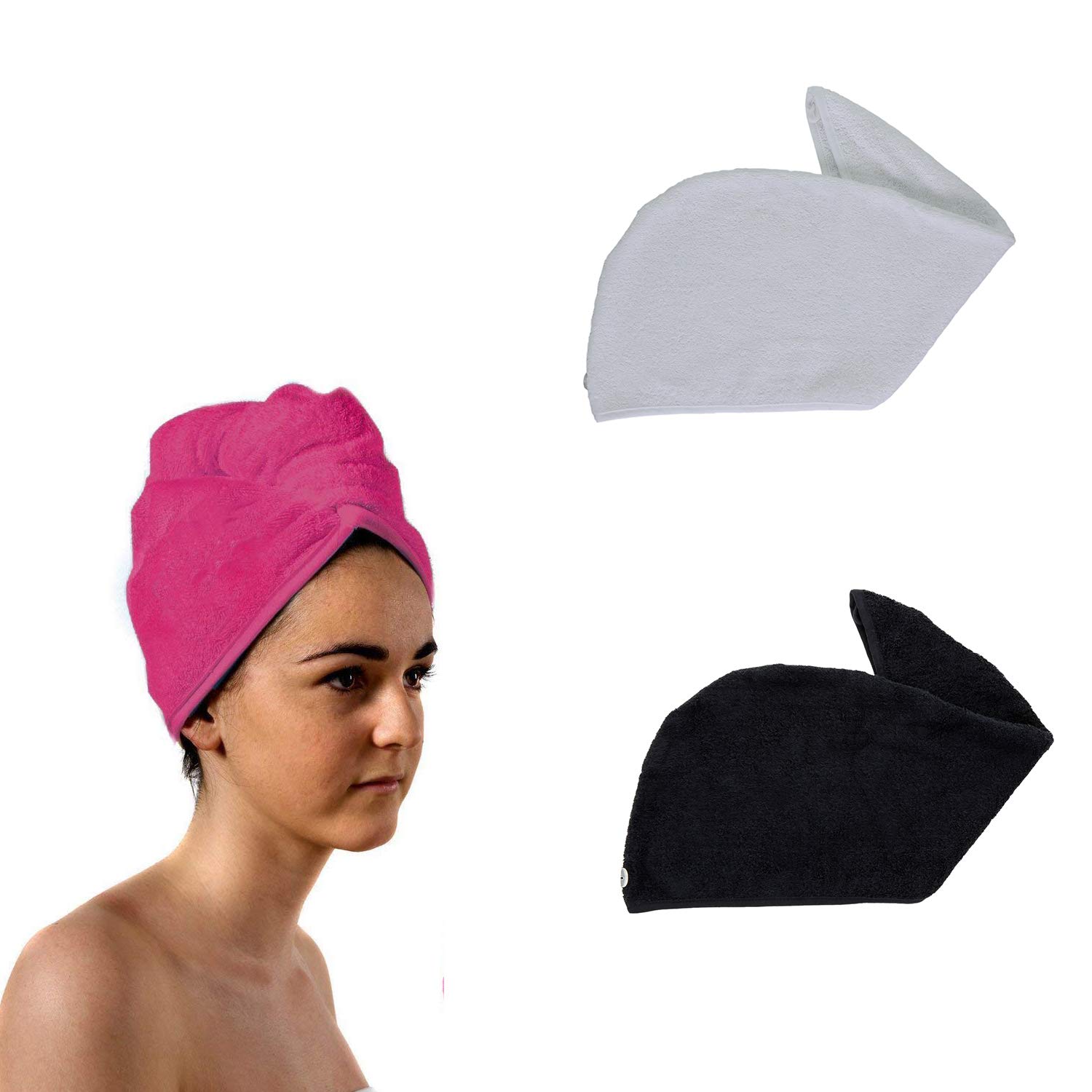 Aztex White + Black Set Of 2 Hair Turban Towels, Head Wrap Towel, Hair Drying Towel With Loop And Button Fastener, Absorbent And Lightweight Cotton, 64 X 23Cm - 1 X White, 1 X Black