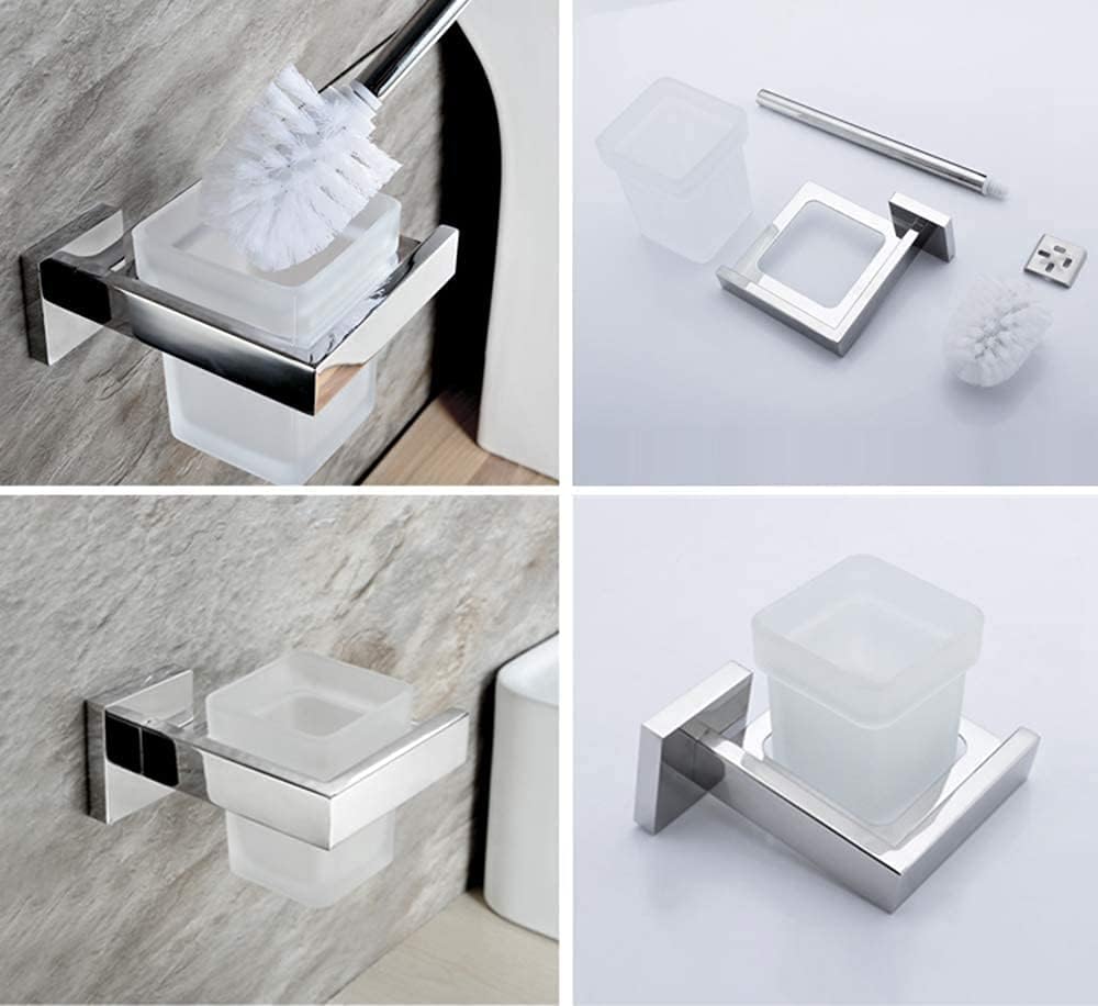 qiuqiu Stainless Steel Toilet Brush Holder and Matte Glass Brush Cup Toilet Brush Holder Square Base for Cleaning and Toilet Brush