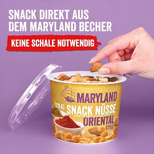 Maryland Snack Nüsse Oriental Style 275g Becher Vorratspack - Erdnüsse, Cashewkerne und Mandeln in Nussmischung - Orientalisch gewürzt - wiederverschließbarer Becher (6 x 275 g)