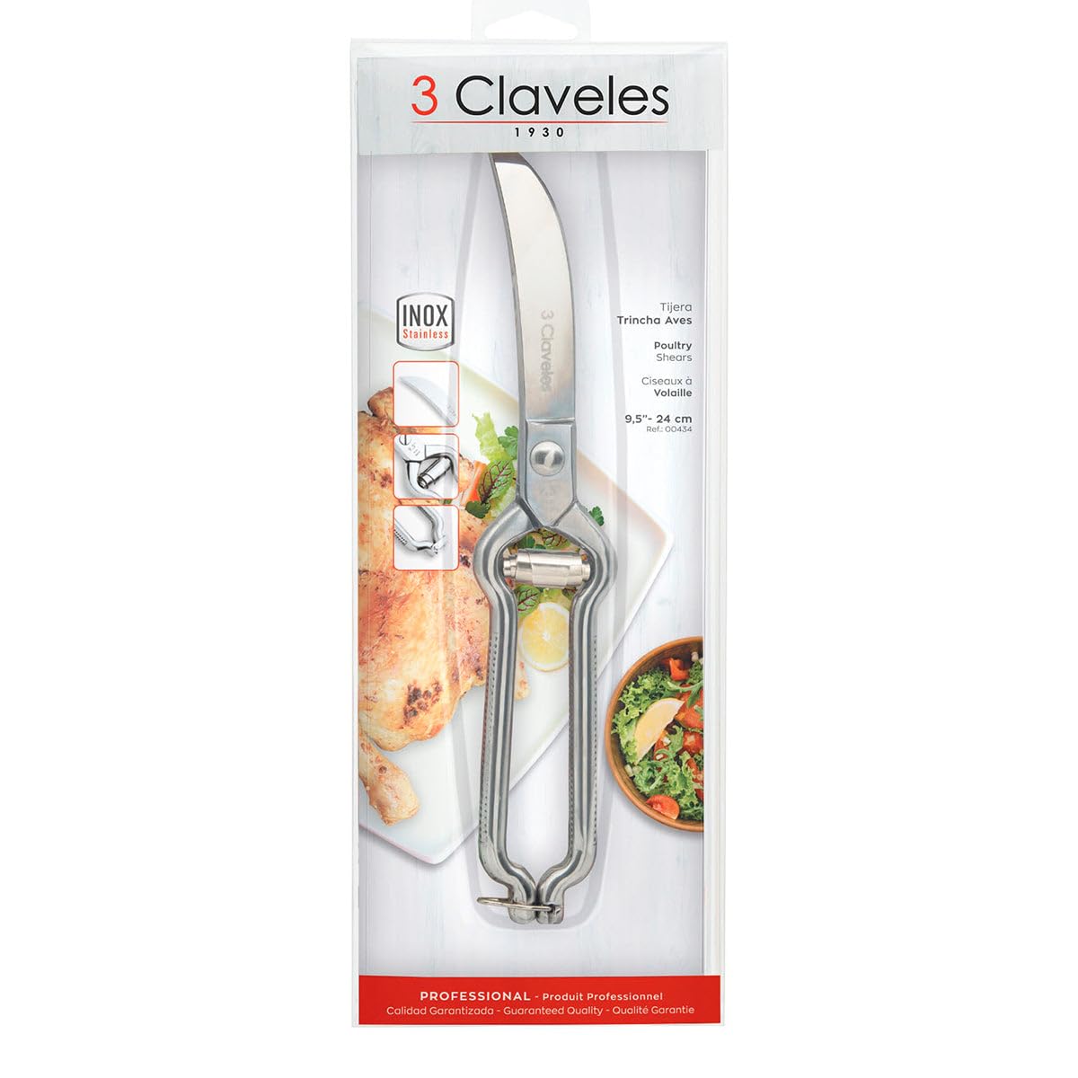 3Claveles 434 - Tijera trincha aves de 9.5 pulgadas, inox, con cierre de seguridad