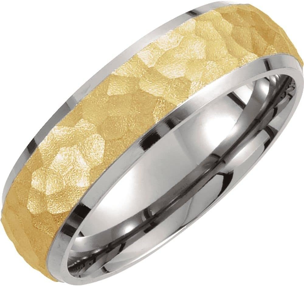 Titanium and 18k Yellow Gold Immerse Plated 7mm Hammered Finish Beveled Edge Bridal Wedding Band Ring Fine Jewelry for Women Gifts for Her