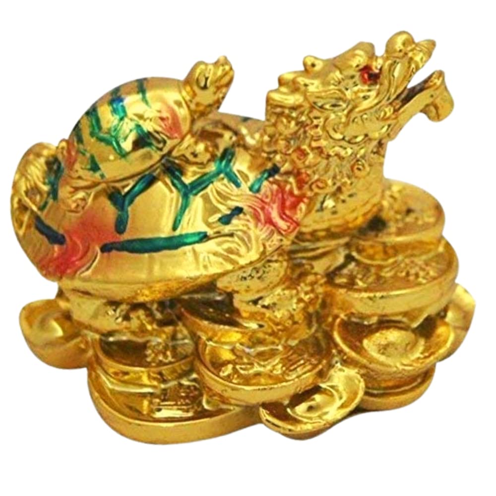 GJ Poly Resin Dragon Headed Tortoise Coin in Mouth with Baby Child Turtle (Standard, Gold)