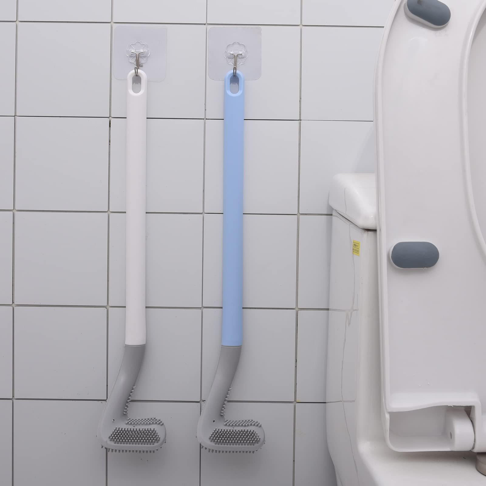 Set Di 2 Spazzole Da Golf In Silicone Per WC - Scopino Con Manico Lungo, Angoli E Fessure, Con Gancio Da Parete (Bianco/Blu) - 4