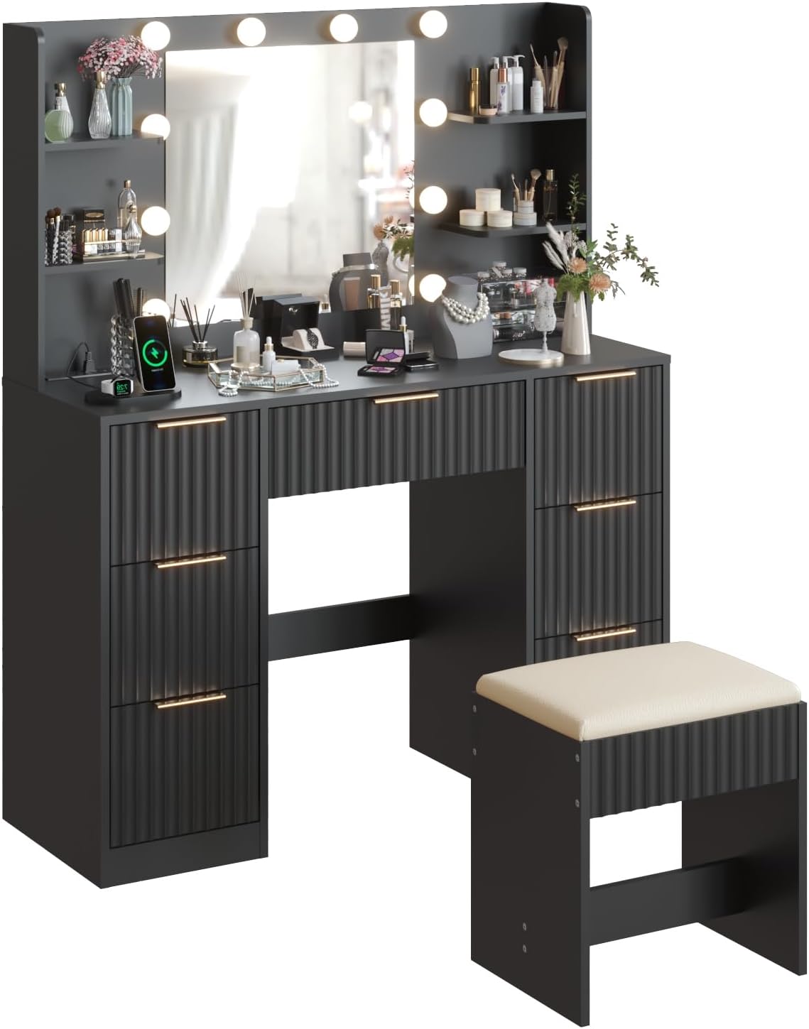 Karl home Fluted Vanity Desk with Mirror and Lights in 3 Modes and Charging Station, Makeup Vanity Table Set with 7 Drawers & Storage Shelves, Dressing Table with Chair for Bedroom, Black
