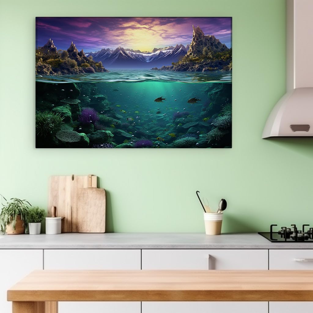 Canvas for Living room. Underwater Wonders Meet Mountain Majesty in a Dreamlike Artistic Realm, 27 x 18 inch Canvas Wall Art - Beach Sunsets And Sunrises - Modern Home Decor - 69x46 cm (27x18 inch)