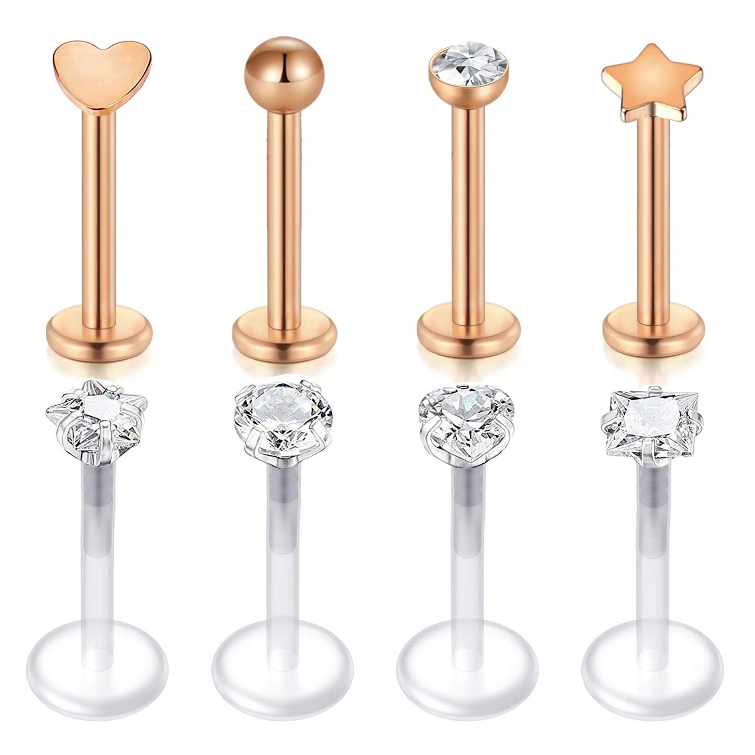 MODRSA 2-4mm CZ 16G Piercing Labret Labio Anillo Piercing Oreja Tragus Helix Stud Barra Piercing Cartílago 6-10mm Acero quirúrgico 9 Piezas