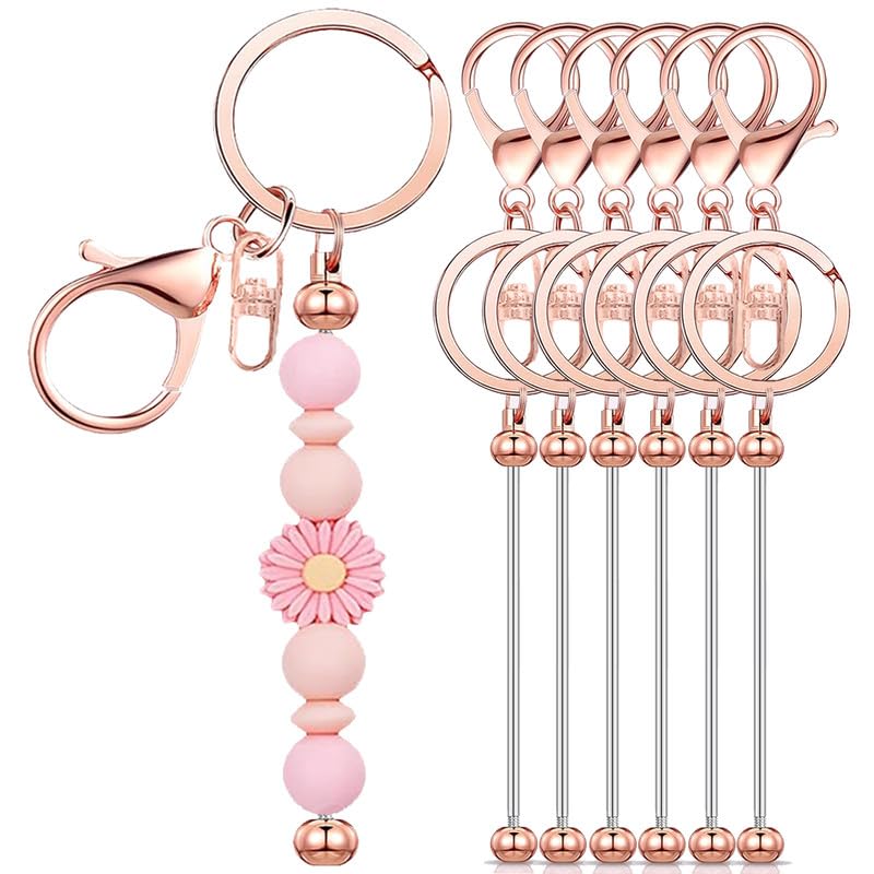 Sugiury 6 Pcs Beadable Keychain Bars Bulk for Beads DIY Blank Keychain Metal Beaded Keychain for Bead Keychain Making Kit Crafts Gift Rose Gold, 15cm