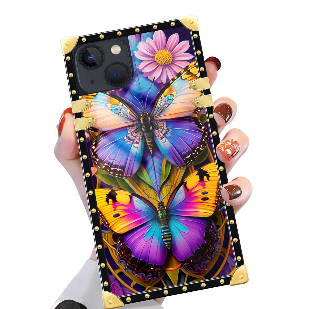 TAMEFOX Case Compatible with iPhone 15(6.1 in),Beautiful Butterfly Flosers Gold Luxury Soft TPU Hard PC Back Shockproof Protective Cover Case for