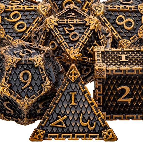 ARUOHHA DND Metal Dice Set with Gift Box, Ancient Gold Dragon Scale Role Playing Games 6 Sided Polyhedral D&D Dice Set for Dungeons and Dragons RPG D and D Dice D20 D12 D10 D8 D6 D4