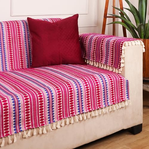 Image of STITCHNEST Woven 3 Seater Sofa Protector with 2 Hand Rest Covers - Purple & White Stripe Design - Washable Fabric with Tassels - Stylish Sofa Cover for Modern Living Room & Furniture Decor