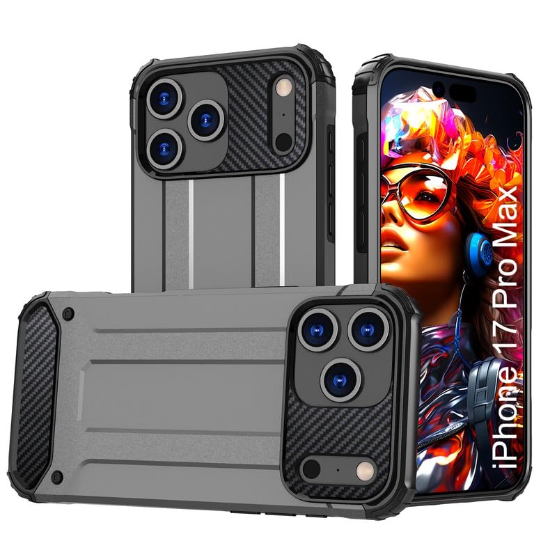 LuxuryKase Rugged TPU+PC Armour Case for iPhone 17 Pro Max | Impact-Resistant Design | Anti-Drop Protection | Raised Edges & Precise Cutouts | Heavy Duty Protective Cover - Grey