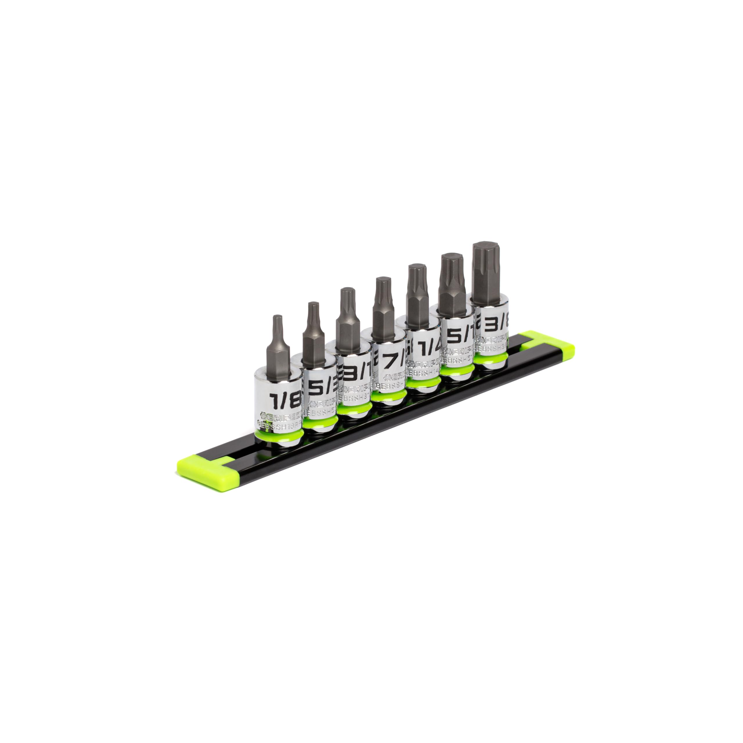 GRIPEDGE HEX zestaw nasadek bitowych | 7-PC - 3/8'' Drive Short SAE RPT zestaw wkrętaków sześciokątnych | rozmiary 1/8'' - 3/8'' | wykonane ze stali S2 | zawiera aluminiową szynę do przechowywania