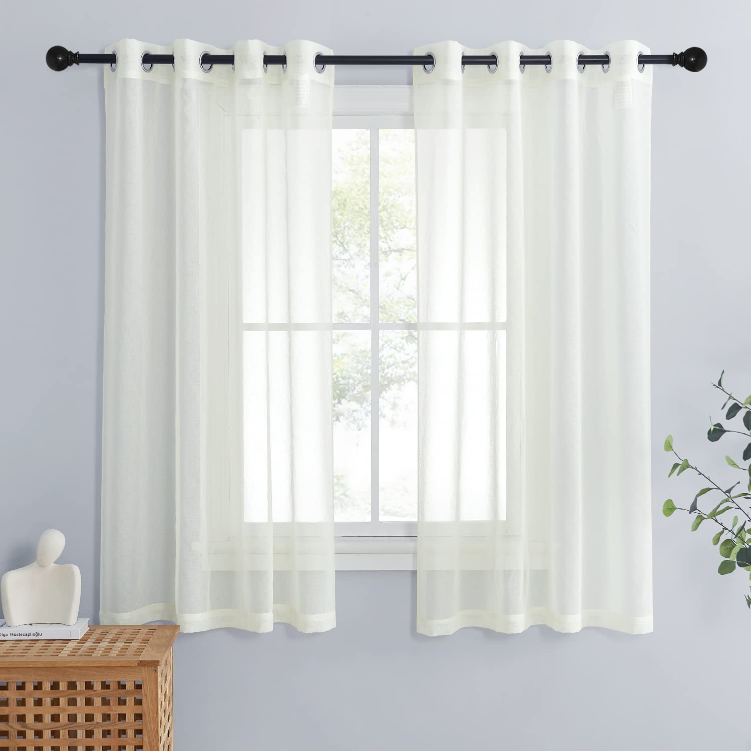 PONY DANCE Voile Gardinen Transparent Ösenvorhang 2er Set H 160 x B 140 cm Kurze Vorhänge Wohnzimmer Modern Transparente Vorhänge Leinenoptik Vorhang, Creme
