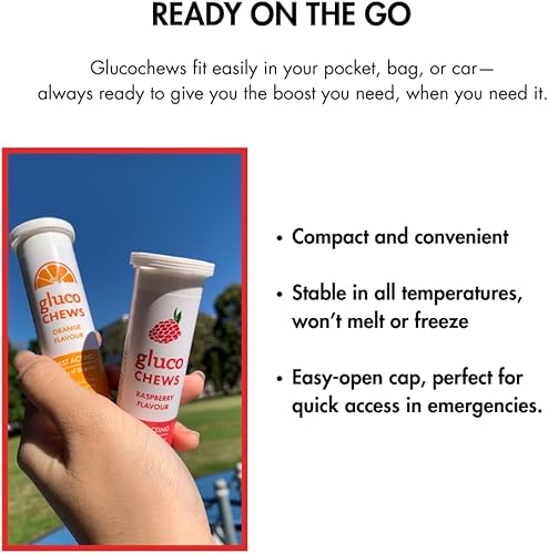 Miniatura 6 de Glucology Glucochews de acción rápida  Tabletas de glucosa  Sabor a frambuesa y naranja  6 tubos de 10 tabletas
