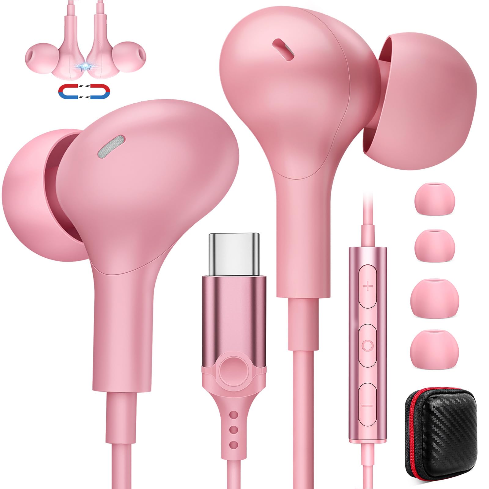 JelanryUSB C Headphones with Mic Wired Earbuds for Samsung S25 S24 S23 iPhone 16 15, Magnetic Type C Earphones in-Ear Headset Noise Canceling for iPad Air Pro Galaxy Z Flip 6 Fold 5 A55 A54 A35 Pixel 8 7 6A