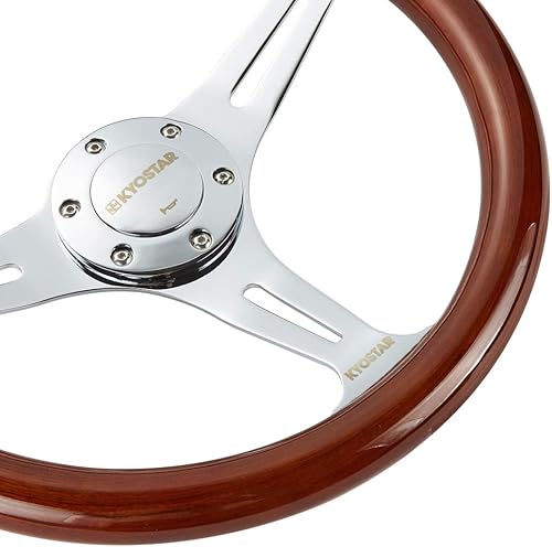 Miniatura 6 de Volante universal de 13.780 in, 14 pulgadas, estilo nostalgia clásico, de grano de madera, radios plateados con botón de bocina