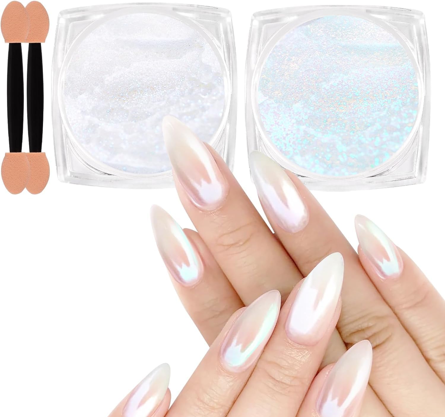 Chrome Nail Powder 2 Colors Mirror Effect Aurora Magic Pearlescent, Mermaid Holographic Jewelry Glitter Powder for DIY Nail Art Decorations, Resin Craft-White Pearl Peacock