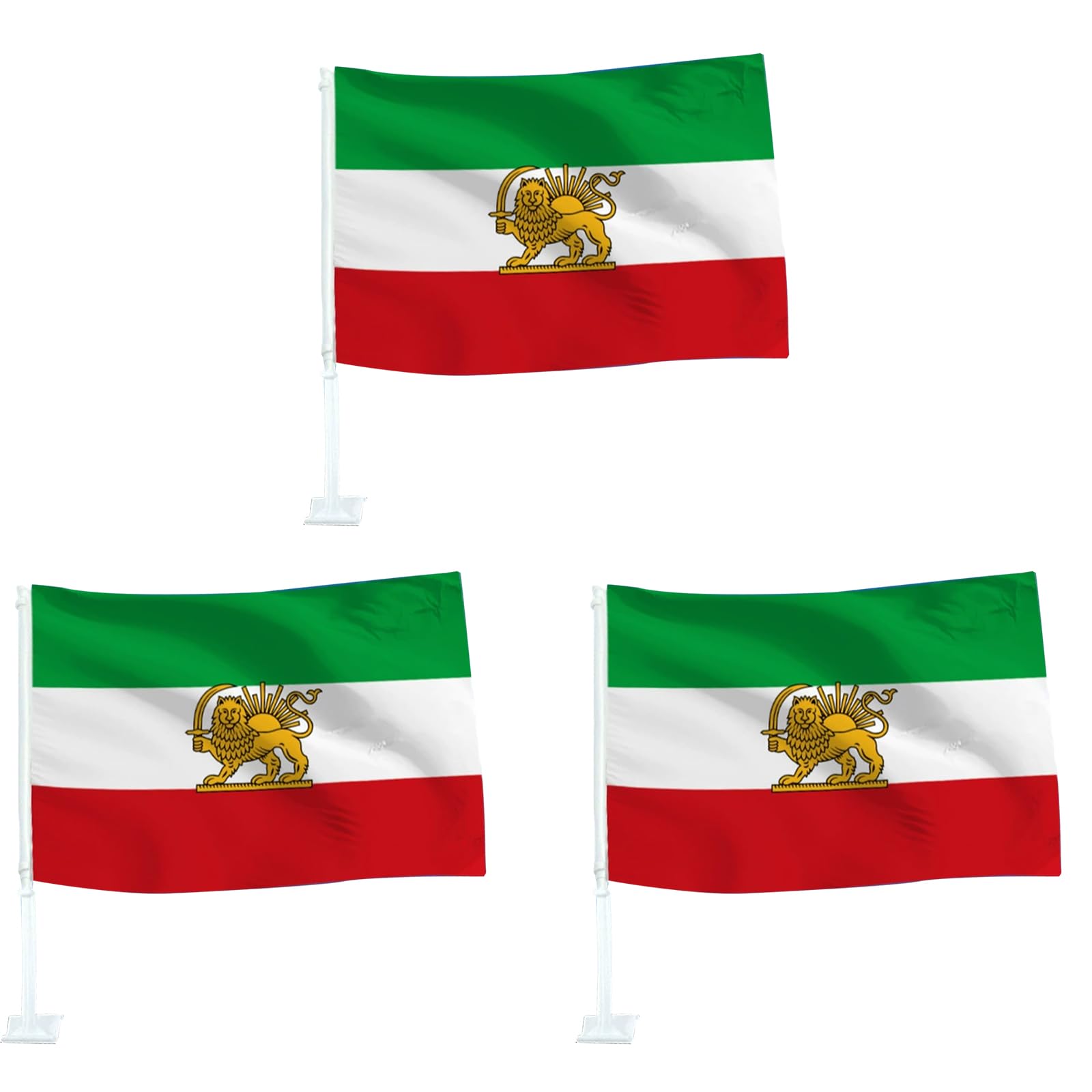 Old Iran Car Flag, Iranian Flag with Lion and Sun, Small Iran Lions Car Flags with Flagpole 45x30cm, Persia Historic Iranian Flags for Cars Window Decoration (Car Flag-A,3PACK)