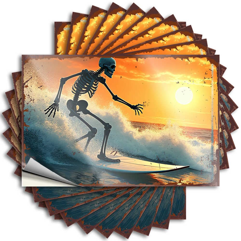Fzfn Colour Tattoo Bar Room Decor Vinyl Sticker | Surfing Skeleton At Sunset: An Epic Ocean Adventure Lover For Autumn Use(6X9cm)