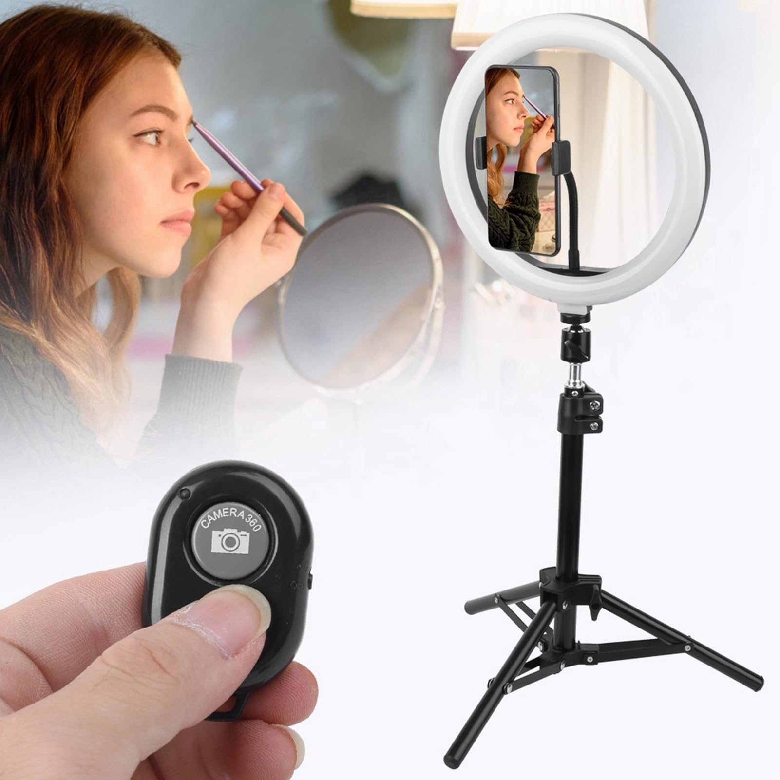 Anello Luminoso a LED per Selfie con Treppiedi e Supporto per Telefono Anello Luminoso a LED Dimmerabile da 10 Pollici Luce di Riempimento per Trucco Video Studio