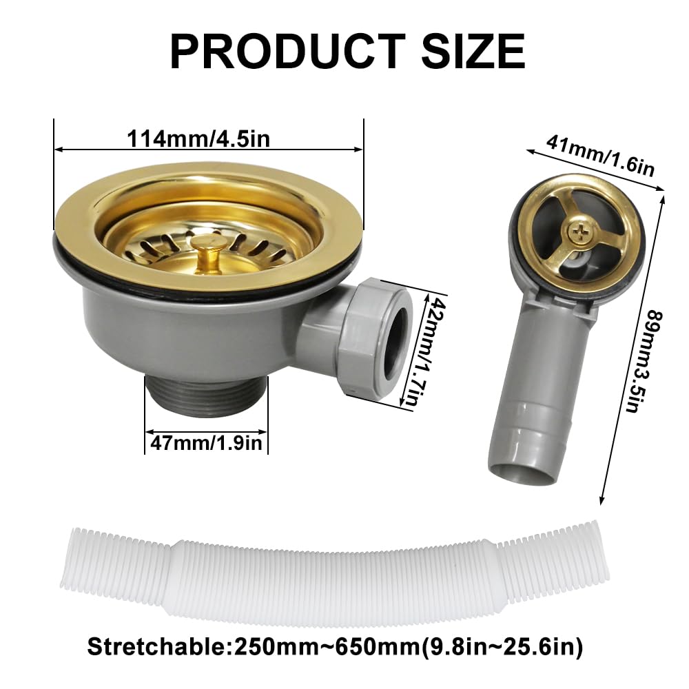 Kit de vidange d'évier de cuisine Inodiref avec tuyaux de trop-plein, kit de trop-plein d'évier de cuisine en acier inoxydable doré, filtre d'évier de cuisine de 114 mm de conception épaissie pour
