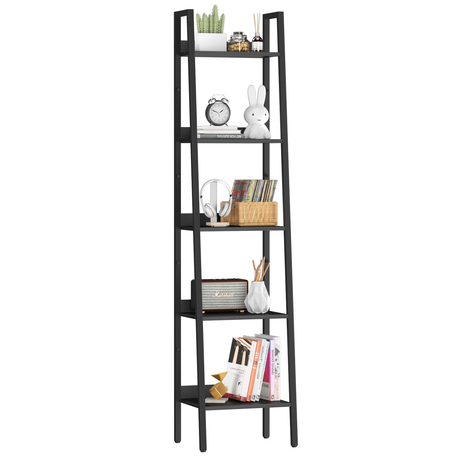 Yoobure Ladder Shelf, 5 Tier Tall Ladder Bookshelf Corner Shelf, Industrial Book Shelf Ladder Bookcase Narrow, Standing Storage Shelves Display Shelf