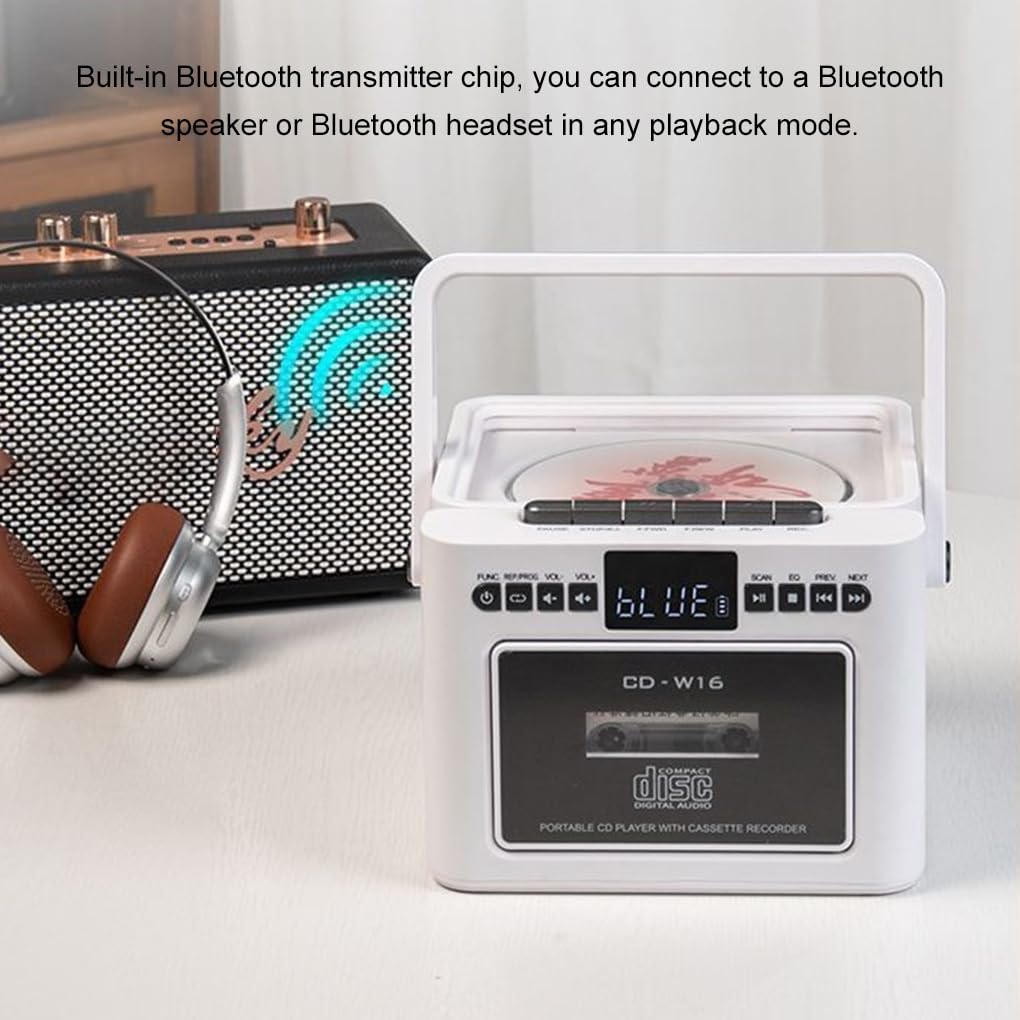 Lettore CD con altoparlante Bluetooth bidirezionale, suono HIFI, schede TF, modalità unità USB, batteria a lunga durata, modalità nastro ABS, bianco, Ha la funzione nastro